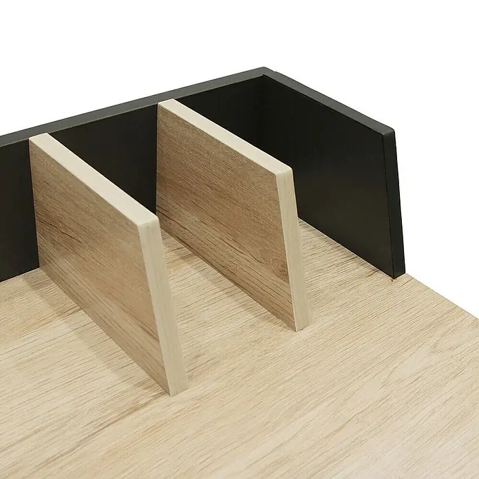 Home Deco Factory Mesa de escritorio - L x An x Al: 50 x 90 x 85 cm, Negro/Madera - Vista del producto de un sistema de estanterías en aspecto de madera y negro. El sistema ofrece espacio de almacenamiento y se integra perfectamente.