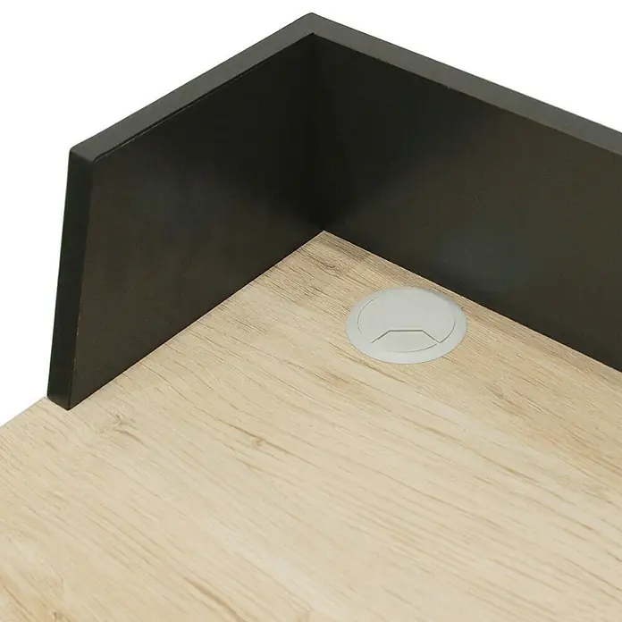 Home Deco Factory Mesa de escritorio - L x An x Al: 50 x 90 x 85 cm, Negro/Madera - Primer plano de una esquina de oficina con tapa de madera clara, borde elevado oscuro y pasacables.