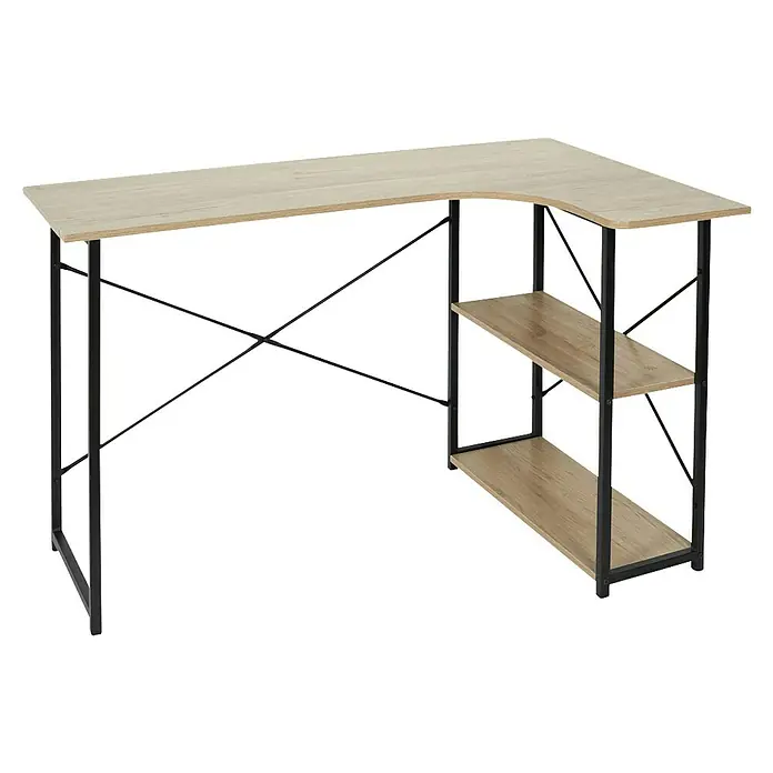 Home Deco Factory Mesa de escritorio Job - L x An x Al: 74 x 120 x 74 cm, Negro/Madera - Escritorio esquinero de color claro con estructura metálica negra y dos estantes. Perfecto para espacios pequeños.