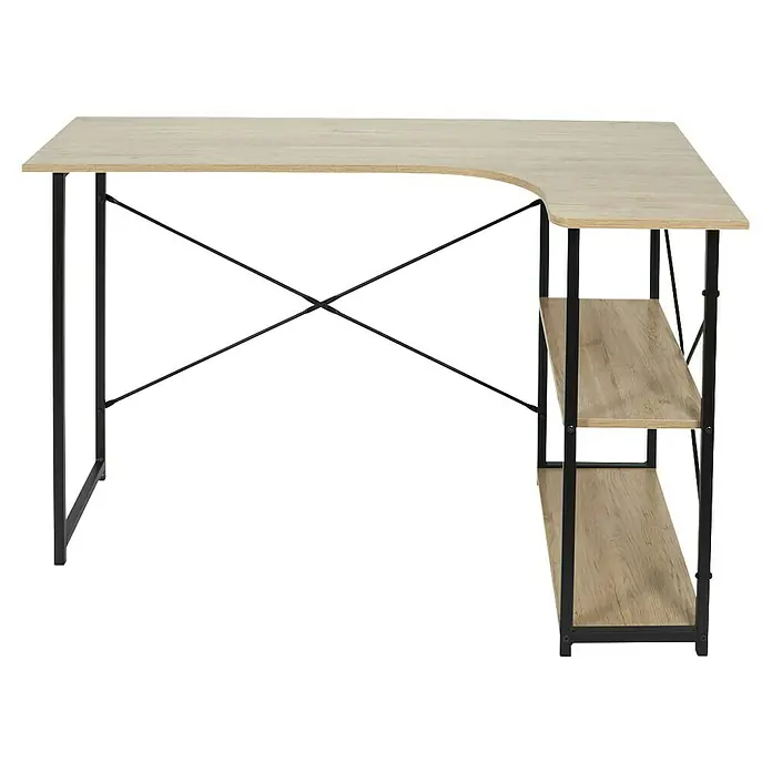 Home Deco Factory Mesa de escritorio Job - L x An x Al: 74 x 120 x 74 cm, Negro/Madera - Un escritorio en forma de L con una mesa de color marrón claro y una estructura metálica negra con estantes, ideal para oficinas.