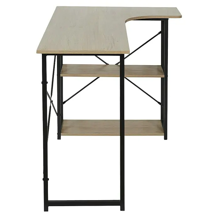 Home Deco Factory Mesa de escritorio Job - L x An x Al: 74 x 120 x 74 cm, Negro/Madera - Escritorio moderno en forma de L con estanterías, ideal para oficina o estudio. El diseño combina funcionalidad y aspecto elegante.