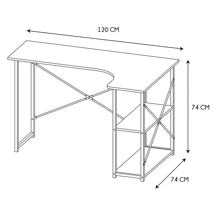 Home Deco Factory Mesa de escritorio Job - L x An x Al: 74 x 120 x 74 cm, Negro/Madera - Ilustración de un escritorio moderno con estantes de almacenamiento, mostrando un diseño elegante con líneas limpias, ideal para oficina o estudio.