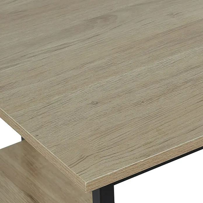Home Deco Factory Mesa de escritorio Job - L x An x Al: 74 x 120 x 74 cm, Negro/Madera - Primer plano de una mesa moderna con textura de madera y estructura de metal negro, que añade un toque elegante y funcional.