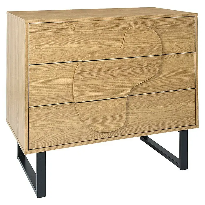 Home Deco Factory Calypso Cómoda con mesitas - 3 pzs., Marrón/Negro, Relieves curvos - Cómoda minimalista de madera con tres cajones y un diseño de asa central único, sobre una estructura metálica moderna.