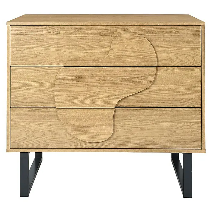Home Deco Factory Calypso Cómoda con mesitas - 3 pzs., Marrón/Negro, Relieves curvos - Elegante cómoda de madera clara con tres cajones y un diseño ondulado, ideal para un dormitorio moderno.