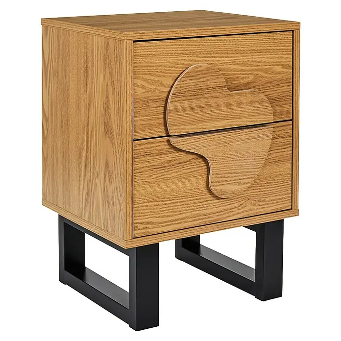Home Deco Factory Calypso Cómoda con mesitas - 3 pzs., Marrón/Negro, Relieves curvos - Elegante mesita de noche de madera con dos cajones y tirador en forma de corazón, sobre un moderno marco de metal.
