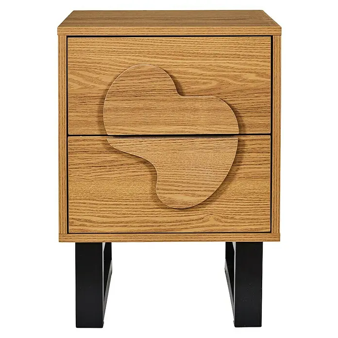 Home Deco Factory Calypso Cómoda con mesitas - 3 pzs., Marrón/Negro, Relieves curvos - Mesita de noche con dos cajones de madera clara y un diseño de tirador llamativo en el centro. Un mueble elegante para el dormitorio.