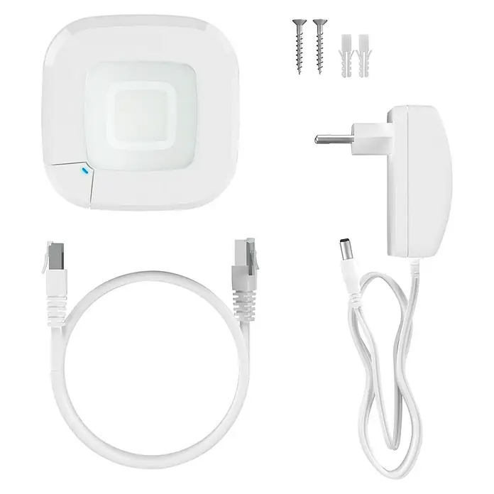 Homematic IP Steuerzentrale Access Point 2 - Weiß, L x B x H: 10,4 x 10,4 x 4 cm - Ein weißes WLAN-Gerät mit Zubehör wie Netzteil, Kabel und Befestigungsmaterial für die Wandmontage.