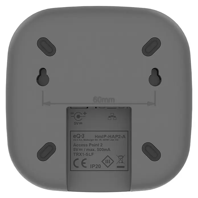 Homematic IP Steuerzentrale Access Point 2 - Anthrazit, L x B x H: 10,4 x 10,4 x 4 cm - Nahaufnahme der Rückseite eines eQ-3 Homematic IP Access Point 2, der Details wie 60mm Abstand und technische Daten zeigt.