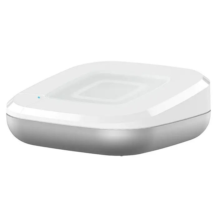 Homematic IP Steuerzentrale Access Point 2 - Weiß, L x B x H: 10,4 x 10,4 x 4 cm - Ein Nahaufnahme eines quadratischen, weißen Geräts mit abgerundeten Ecken und einer blauen LED-Anzeige, ideal für Smart-Home-Anwendungen.