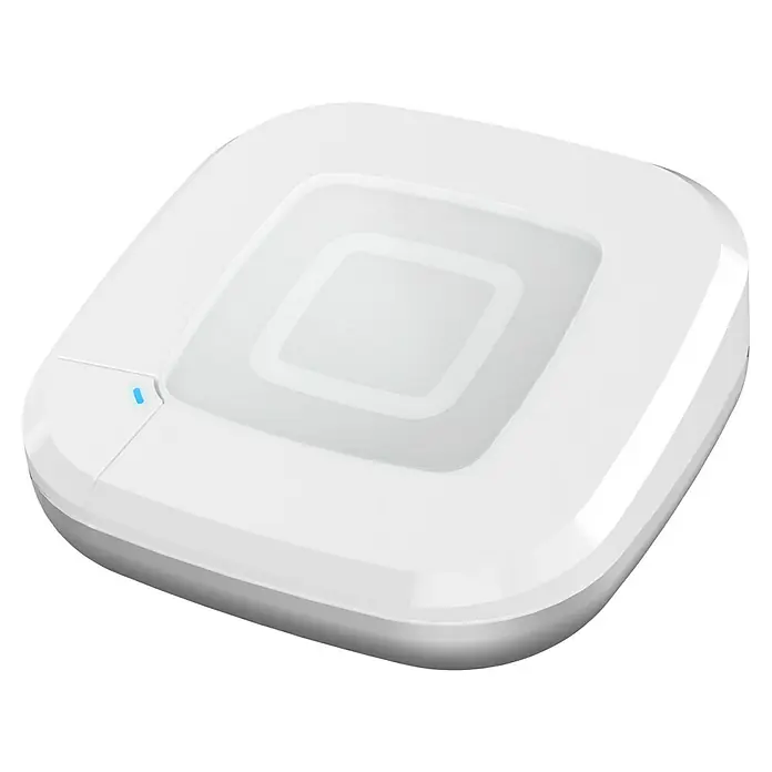 Homematic IP Set Fußbodenheizung HmIP-FALMOT-C8 mit Steuerzentrale Access Point 2 - Weiß - Nahaufnahme eines quadratischen, weißen Smart Home Hubs mit abgerundeten Ecken und einer zentralen Aussparung.