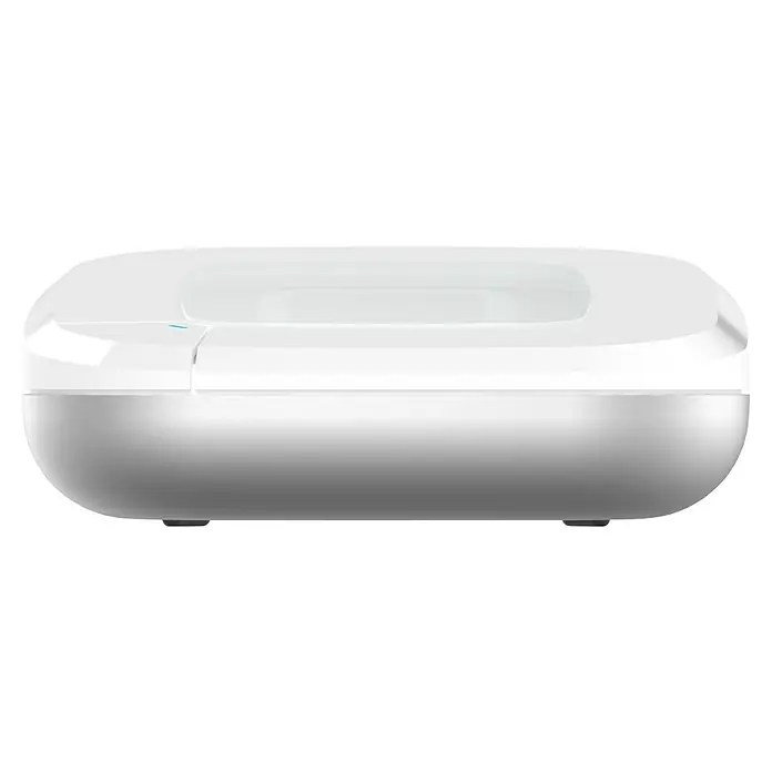 Homematic IP Steuerzentrale Access Point 2 - Weiß, L x B x H: 10,4 x 10,4 x 4 cm - Weißes medizinisches Gerät mit abgerundeten Formen und einem blauen Licht auf der linken Seite, das auf einer ebenen Fläche steht.
