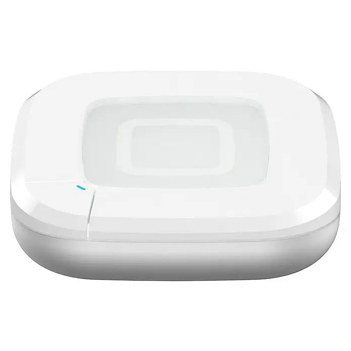 Homematic IP Set Rollladenschalter HmIP-BROLL-2 mit Access Point 2 - Unterputz, Funk - Nahaufnahme eines quadratischen, weißen Bewegungsmelders mit LED-Anzeige, ideal für Smart-Home-Sicherheitssysteme.
