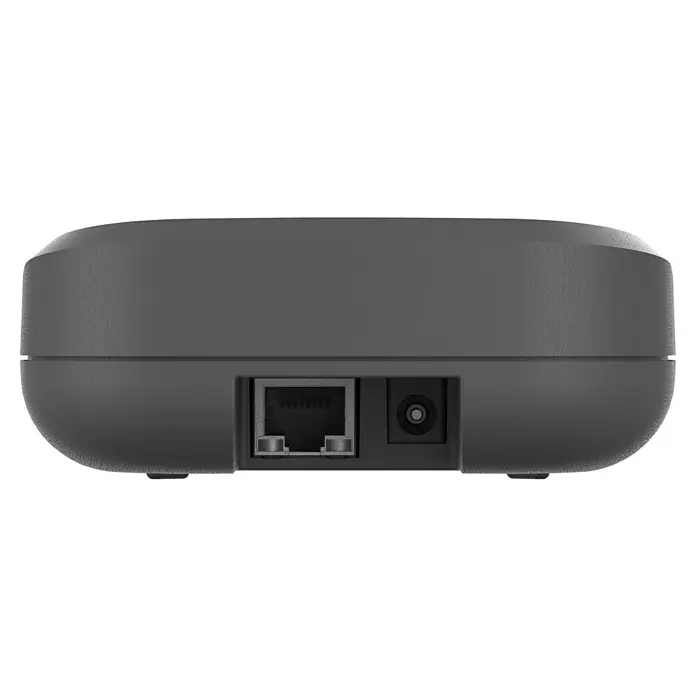 Homematic IP Steuerzentrale Access Point 2 - Anthrazit, L x B x H: 10,4 x 10,4 x 4 cm - Die Rückseite eines runden Gerätes mit Ethernet- und Stromanschluss. Ideal für Netzwerklösungen und Stromversorgung.