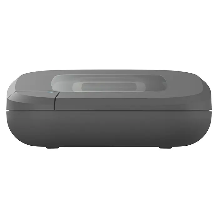 Homematic IP Steuerzentrale Access Point 2 - Anthrazit, L x B x H: 10,4 x 10,4 x 4 cm - Nahaufnahme eines grauen, kabellosen Ladegeräts mit minimalistischem Design, das die moderne Technologie und Funktionalität betont.