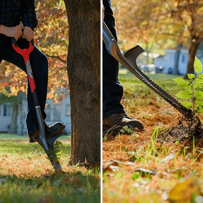 Root Slayer Unkrautstecher Tiefentwurzeler - Länge: 111 cm - Zwei Bilder zeigen eine Person, die mit einem Spaten von Radius Garden gräbt. Der ergonomische Spaten erleichtert Gartenarbeiten.