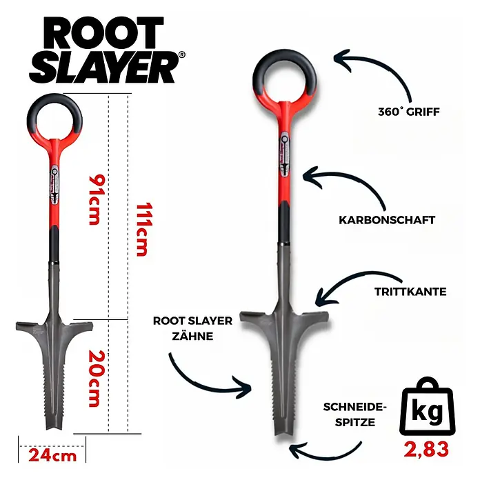 Root Slayer Unkrautstecher Tiefentwurzeler - Länge: 111 cm - Das Bild zeigt einen Root Slayer Spaten mit Produktmaßen und Beschreibungen seiner Einzelteile, wie Griff, Blatt und Karbonschaft.