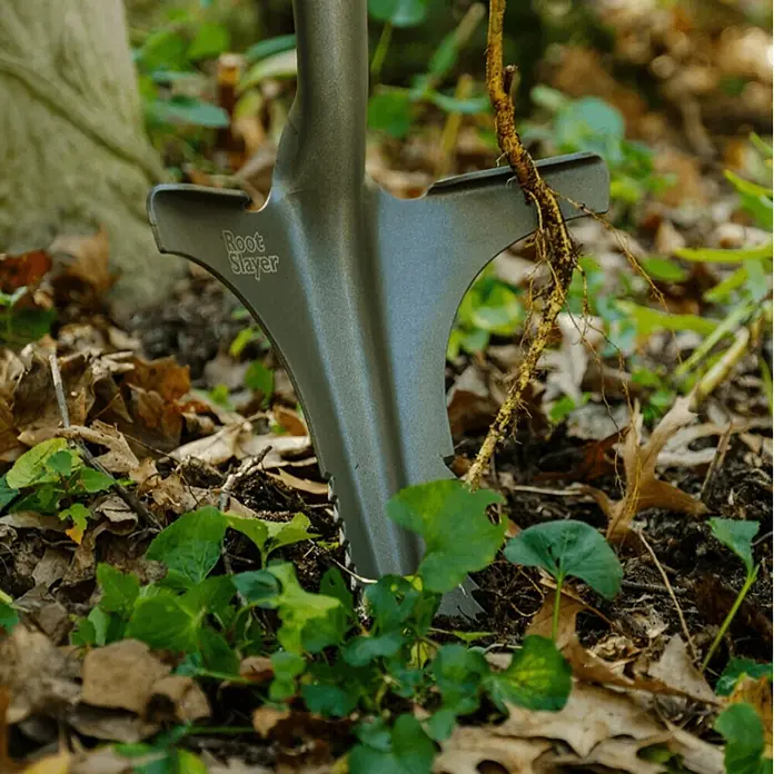 Root Slayer Unkrautstecher Tiefentwurzeler - Länge: 111 cm - Nahaufnahme eines Root Slayer Spatens im Garten, der robuste Wurzeln durchtrennt, um effizientes Gärtnern zu demonstrieren.