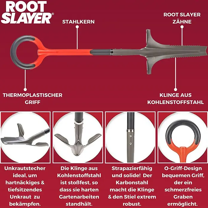 Root Slayer Unkrautstecher Tiefentwurzeler - Länge: 111 cm - Das Root Slayer Gartenwerkzeug mit Stahlkern, thermoplastischem Griff und Kohlenstoffstahlklinge für Unkrautbekämpfung und Gartenarbeit.