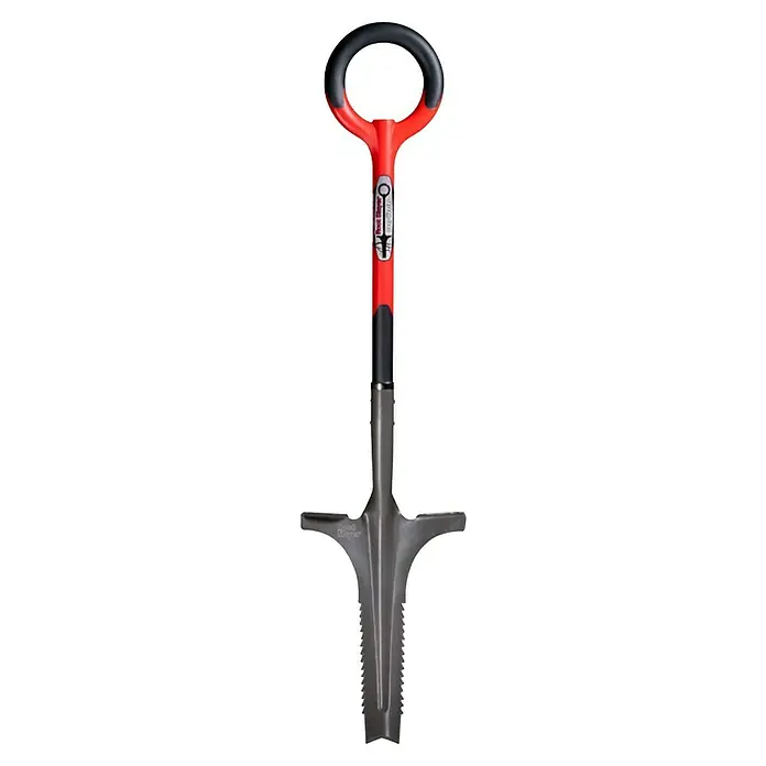 Root Slayer Unkrautstecher Tiefentwurzeler - Länge: 111 cm - Ein Root Slayer Wurzelschneider Spaten mit einem rot-schwarzem Griff und einem grauen Spatenblatt, ideal für Gartenarbeit und Landschaftsbau.