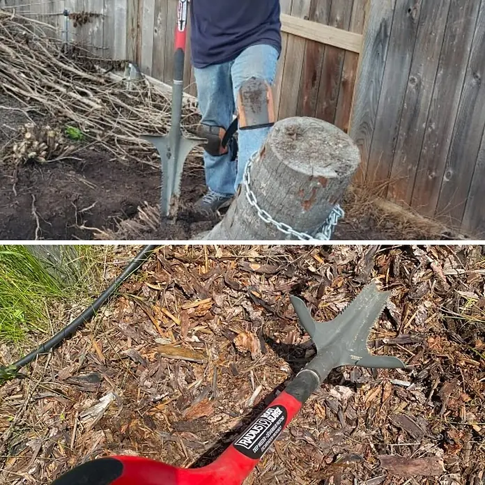 Root Slayer Unkrautstecher Tiefentwurzeler - Länge: 111 cm - Das Bild zeigt einen Radius Garden Pro-Edger mit einem roten Griff und einer schwarzen Klinge, der im Garten auf dem Boden liegt.