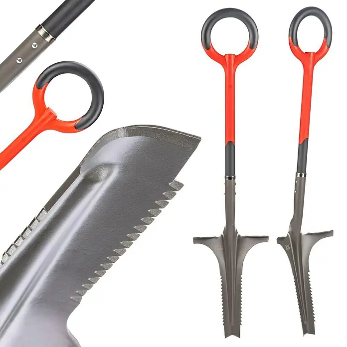 Root Slayer Unkrautstecher Tiefentwurzeler - Länge: 111 cm - Nahaufnahme von zwei Lawinenschaufeln mit ausziehbarem Griff und Sägeblatt am Schaufelblatt. Ideal für den Einsatz im Schnee.