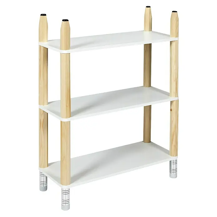 Home Deco Kids Conjunto de muebles Lápiz - 5 pzs., Blanco/Beige, Específico para: Niños de 3 a 5 años - Esta imagen muestra una estantería con cuatro superficies blancas y pilares de soporte de madera, ideal para una decoración moderna.