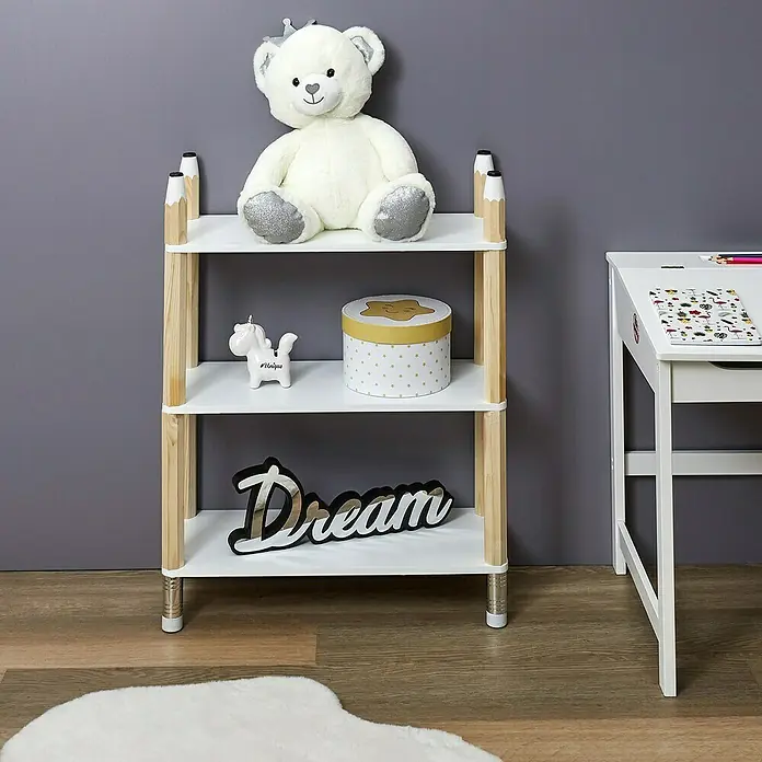 Home Deco Kids Conjunto de muebles Lápiz - 5 pzs., Blanco/Beige, Específico para: Niños de 3 a 5 años - Una estantería de tres niveles con motivos de lápices y un osito de peluche encima. ¡Perfecta para la habitación de los niños!