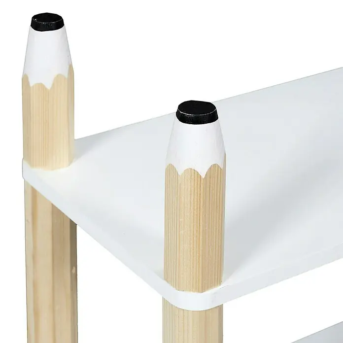 Home Deco Kids Conjunto de muebles Lápiz - 5 pzs., Blanco/Beige, Específico para: Niños de 3 a 5 años - Primer plano de una estantería blanca con patas en forma de lápices, lo que añade un toque original al mueble.