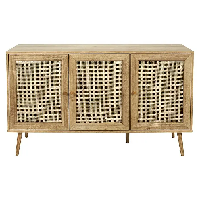 Home Deco Factory Bali Aparador - L x An x Al: 39 x 115 x 70 cm, Marrón, Número de puertas: 3 ud., Con ratán trenzado - Aparador en tono de madera con tres puertas adornadas con tejido de ratán, ideal para salones y comedores.