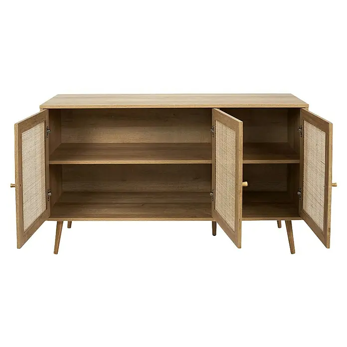 Home Deco Factory Bali Aparador - L x An x Al: 39 x 115 x 70 cm, Marrón, Número de puertas: 3 ud., Con ratán trenzado - Vista de un armario de madera con tres puertas y estantes en el interior, que ofrece espacio de almacenamiento y sirve como elemento decorativo.