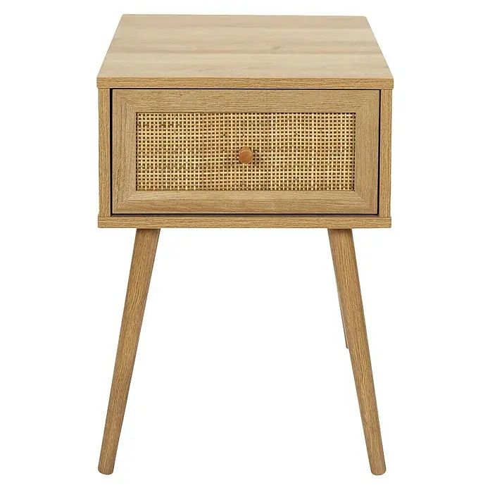 Home Deco Factory Bali Mesita de noche - L x An x Al: 39 x 39 x 55,4 cm, Marrón, Número de cajones: 1 ud., Con ratán trenzado - Elegante mesita de noche de madera con cajón de ratán y patas de madera sencillas. Ideal para dormitorios modernos.