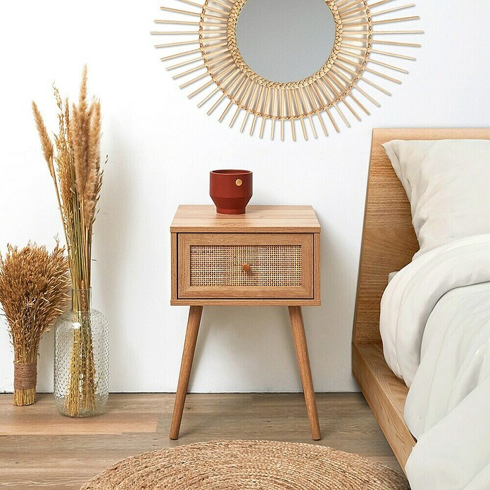 Home Deco Factory Bali Mesita de noche (L x An x Al: 39 x 39 x 55,4 cm, Marrón, Número de cajones: 1 ud., Con ratán trenzado) | BAUHAUS