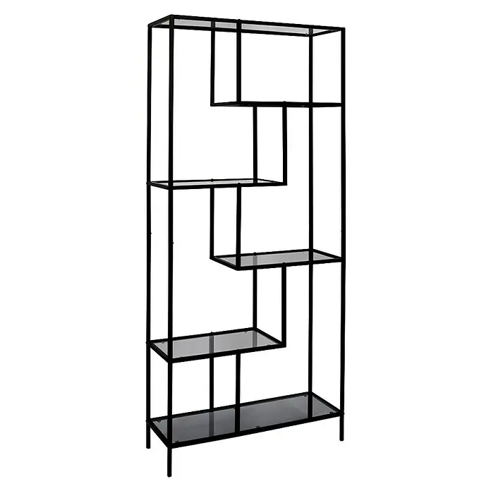 Home Deco Factory Edison Estantería metálica - L x An x Al: 30 x 80 x 180 cm, Metal/Vidrio templado, Negro - Estantería abstracta con niveles escalonados. La unidad es negra y cuenta con estantes de espejo para un aspecto moderno.