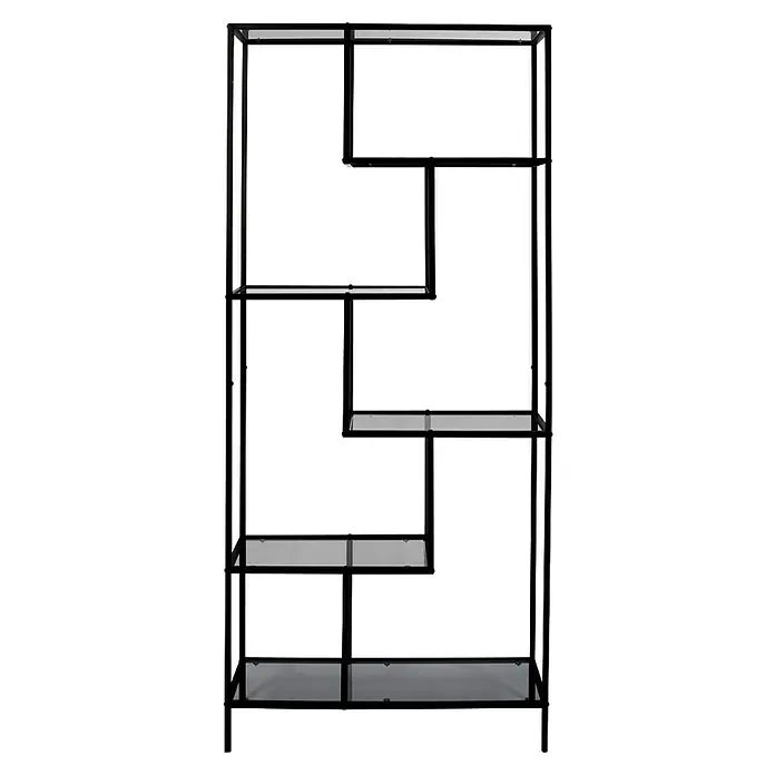 Home Deco Factory Edison Estantería metálica - L x An x Al: 30 x 80 x 180 cm, Metal/Vidrio templado, Negro - Librería negra y moderna con múltiples estantes asimétricos, ideal para almacenar libros y objetos decorativos con estilo.