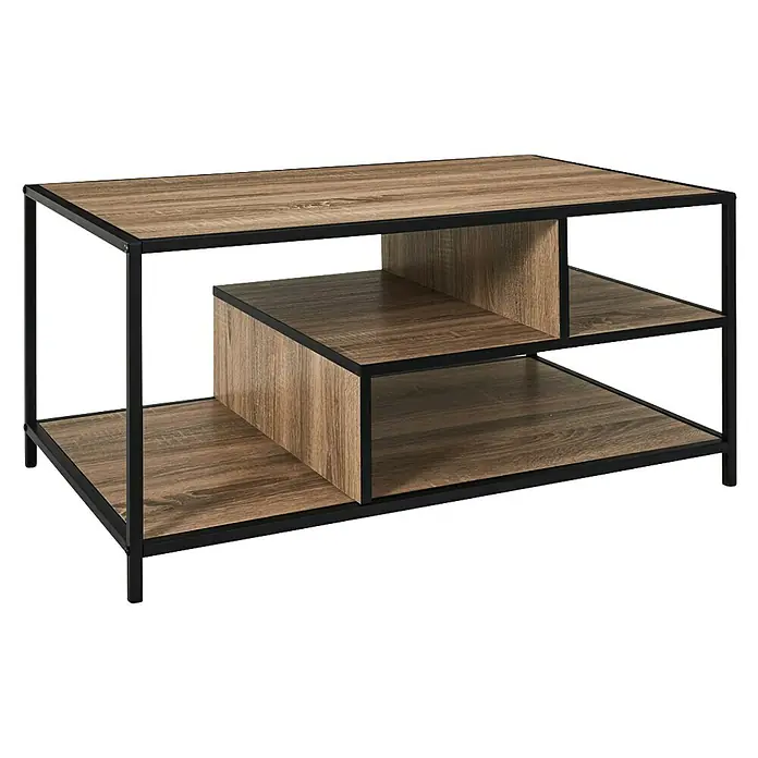 Home Deco Factory Edison Conjunto mueble de salón - 3 pzs., Negro/Marrón - Mueble de TV moderno con estantes de madera y estructura de metal negro. Diseño elegante para el salón.
