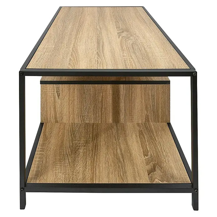 Home Deco Factory Edison Conjunto mueble de salón - 3 pzs., Negro/Marrón - Una mesa de centro de dos niveles con un marco de metal negro y estantes de madera clara. Diseño elegante y moderno para cualquier sala de estar.