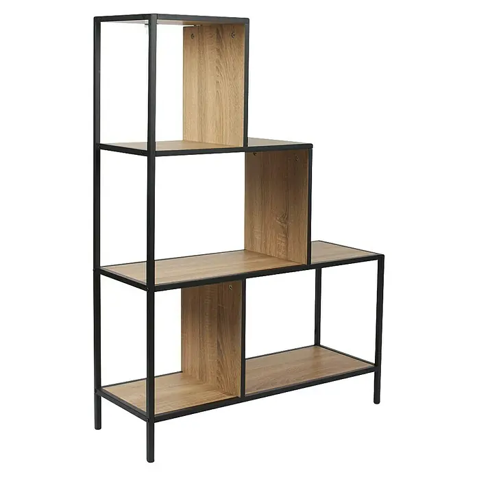 Home Deco Factory Edison Estantería metálica - L x An x Al: 30 x 80 x 112,4 cm, Metal/Madera, Negro/Marrón, Forma de escalera - Estantería escalonada moderna con aspecto de madera y estructura metálica negra. Ideal para sala de estar u oficina para un almacenamiento elegante.