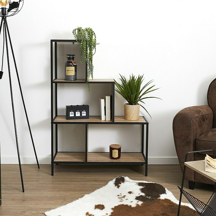 Home Deco Factory Edison Estantería metálica (L x An x Al: 30 x 80 x 112,4 cm, Metal/Madera, Negro/Marrón, Forma de escalera) | BAUHAUS