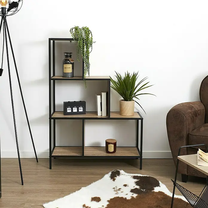 Home Deco Factory Edison Estantería metálica - L x An x Al: 30 x 80 x 112,4 cm, Metal/Madera, Negro/Marrón, Forma de escalera - Esta elegante estantería con estantes de madera y estructura de metal negro ofrece una solución de almacenamiento decorativa.