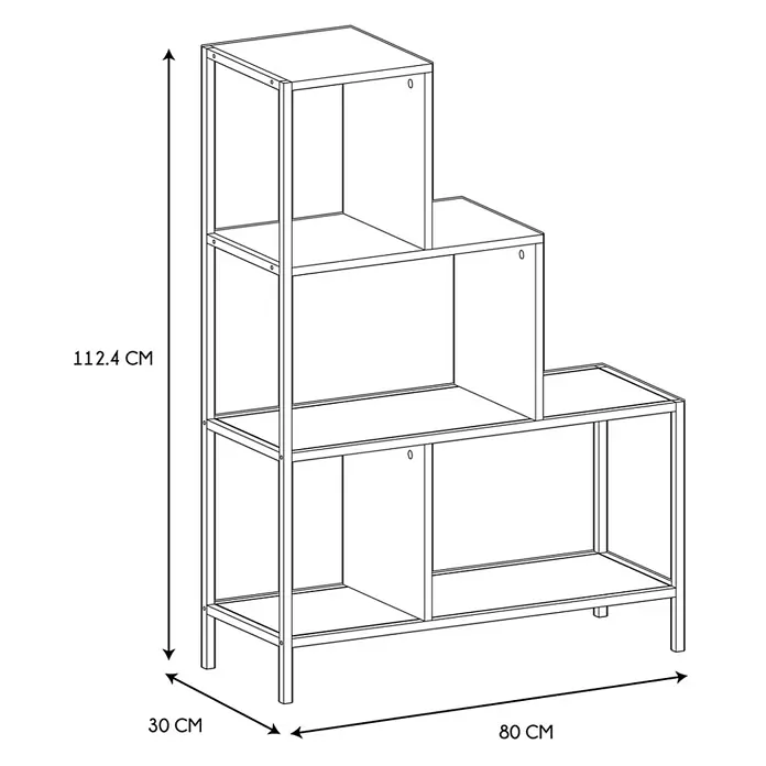 Home Deco Factory Edison Estantería metálica - L x An x Al: 30 x 80 x 112,4 cm, Metal/Madera, Negro/Marrón, Forma de escalera - Ilustración de una estantería con dimensiones, ideal para la planificación de espacios.