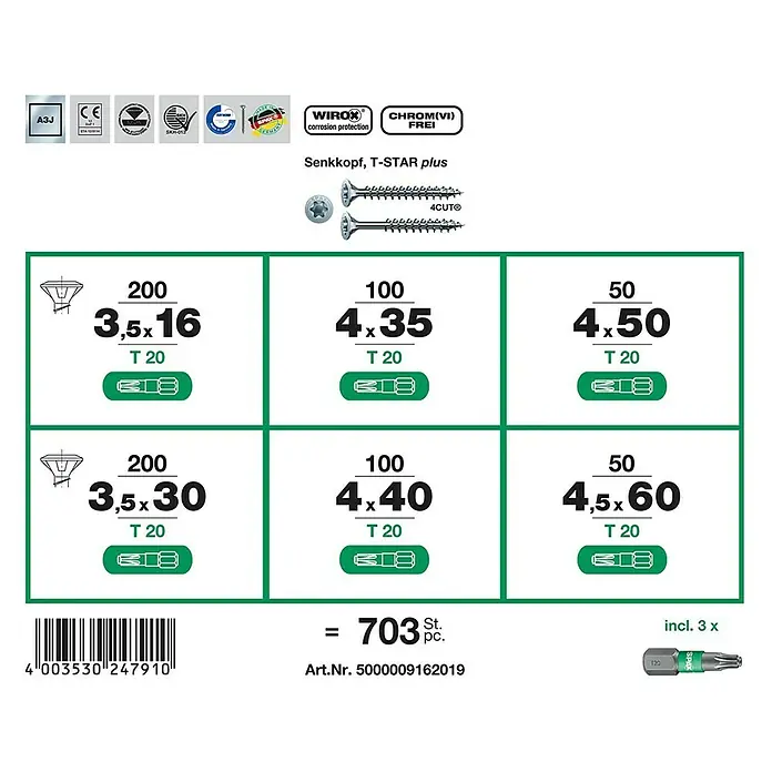 Spax Schrauben-Set L-Boxx - 703 -tlg. - Bild einer Verpackung von Senkkopfschrauben T-STAR plus mit verschiedenen Größen und Mengen, inklusive Bit.