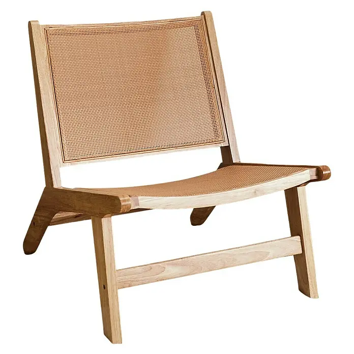 Home Deco Factory Bali Silla - Madera de Hevea, Marrón, Con ratán trenzado - Elegante sillón de salón de madera clara con asiento y respaldo de rejilla. Perfecto para relajarse.