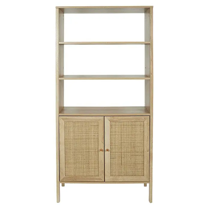 Home Deco Factory Bali Aparador buffet - L x An x Al: 37 x 80 x 163 cm, Marrón, Con ratán trenzado - Elegante estantería con dos estantes y compartimentos de armario con frentes de mimbre. Ideal para salones y dormitorios.