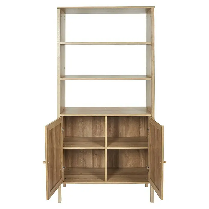 Home Deco Factory Bali Aparador buffet - L x An x Al: 37 x 80 x 163 cm, Marrón, Con ratán trenzado - Una espaciosa estantería de madera clara con estantes abiertos en la parte superior y compartimentos de armario debajo.