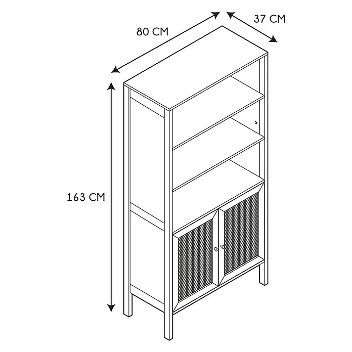 Home Deco Factory Bali Aparador buffet - L x An x Al: 37 x 80 x 163 cm, Marrón, Con ratán trenzado - Representación de una estantería alta con dos estantes y dos puertas de armario. Sus dimensiones son 163 cm de alto, 80 cm de ancho y 37 cm de profundidad.