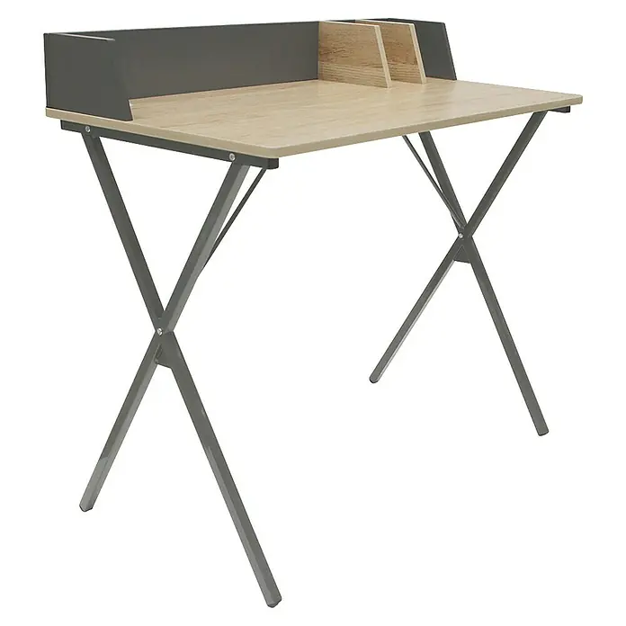 Home Deco Factory Mesa de escritorio - L x An x Al: 50 x 90 x 85 cm, Gris/Madera - Escritorio moderno con tapa de madera y compartimentos, ideal para la oficina en casa. La estructura metálica garantiza estabilidad y estilo.