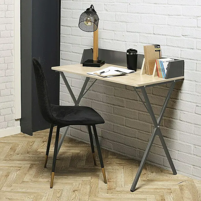 Home Deco Factory Mesa de escritorio - L x An x Al: 50 x 90 x 85 cm, Gris/Madera - Elegante y moderno conjunto de estudio con un escritorio elegante y una cómoda silla negra. Ideal para la oficina en casa o el espacio de estudio.