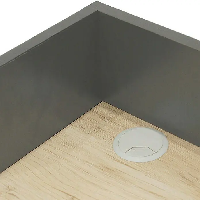 Home Deco Factory Mesa de escritorio - L x An x Al: 50 x 90 x 85 cm, Gris/Madera - Vista de un escritorio gris con paneles de madera marrón claro y un pasacables redondo en la esquina.