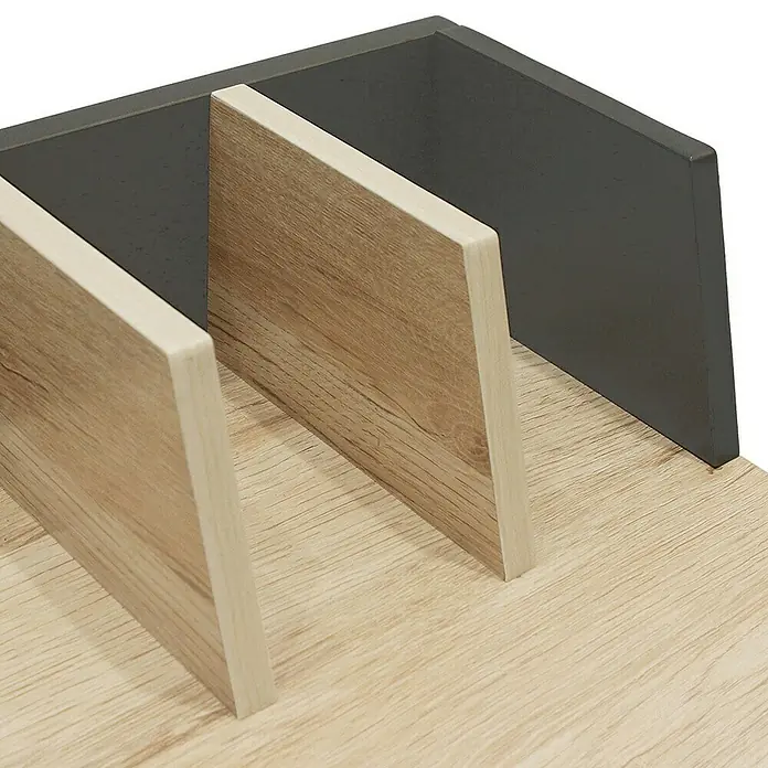 Home Deco Factory Mesa de escritorio - L x An x Al: 50 x 90 x 85 cm, Gris/Madera - Primer plano de una estantería de madera con compartimentos grises y marrones claros, ideal para oficina o almacenamiento de documentos en casa.